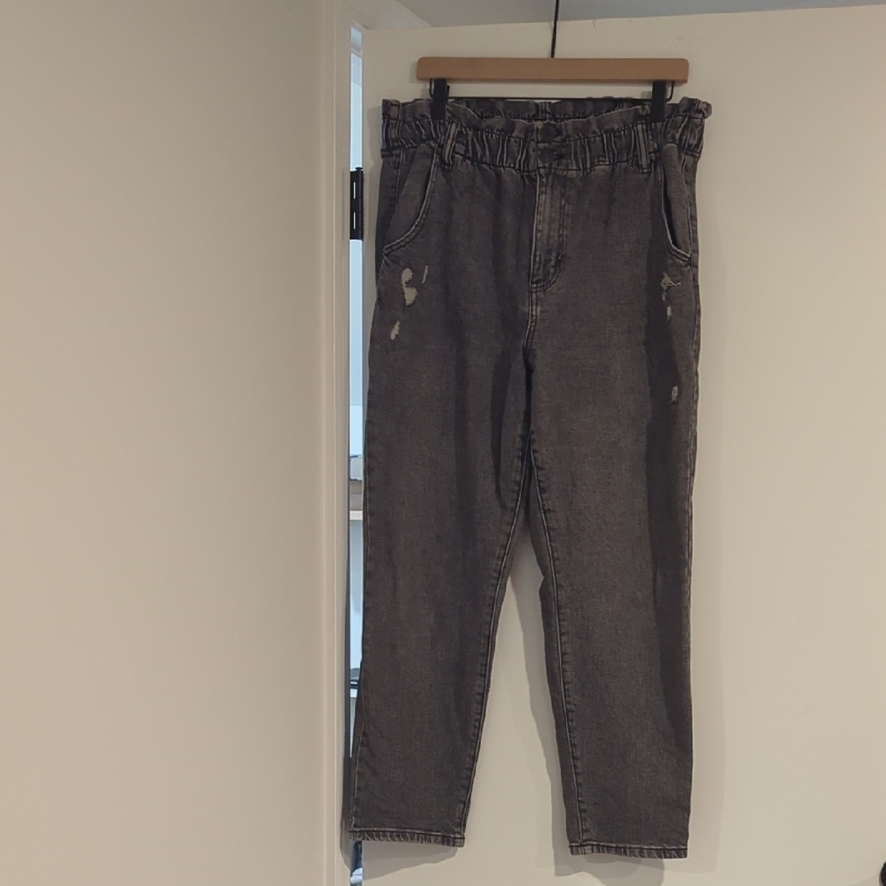 Distressed Black Denim Mom Jeans, Straight Leg, Paper Bag Waist, Stretch, 32W
